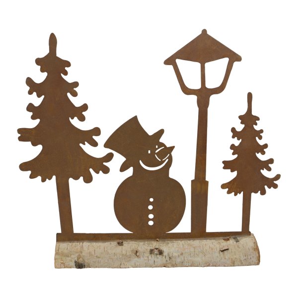Rostdeko Silhouette mit Schneemann, Tannenbäumen und Laterne auf Holzfuß